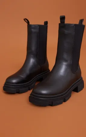 Bottines en PU noir à bout rond et plateforme chunky crantée