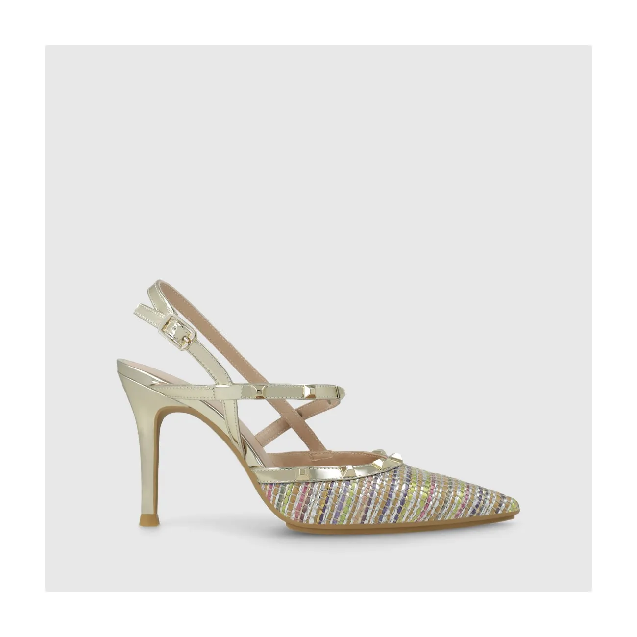 Escarpin slingback pour femme combiné en tissu effet raphia multicolore et miroir couleur champagne avec des clous. I LODI Chaus