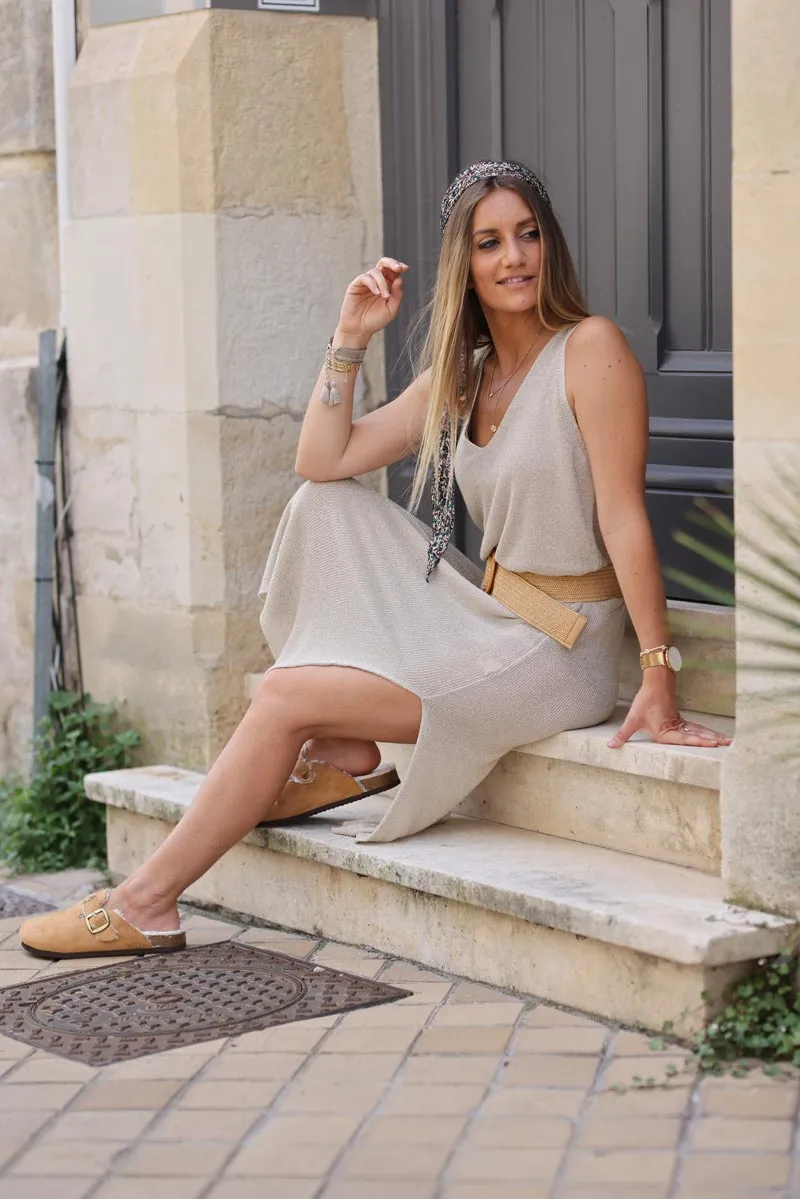 Robe longue débardeur beige petite maille brillante lurex
