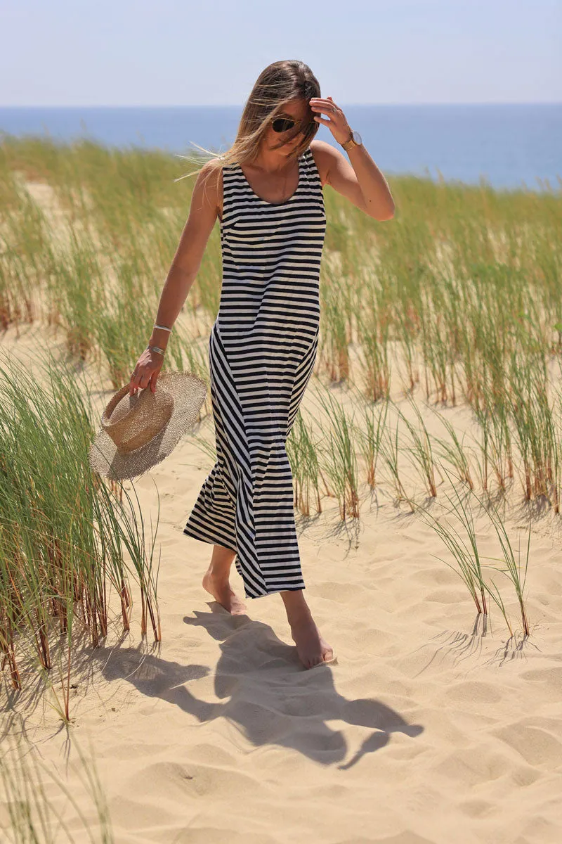 Robe longue stretch débardeur à rayures bleu marine style mariniere